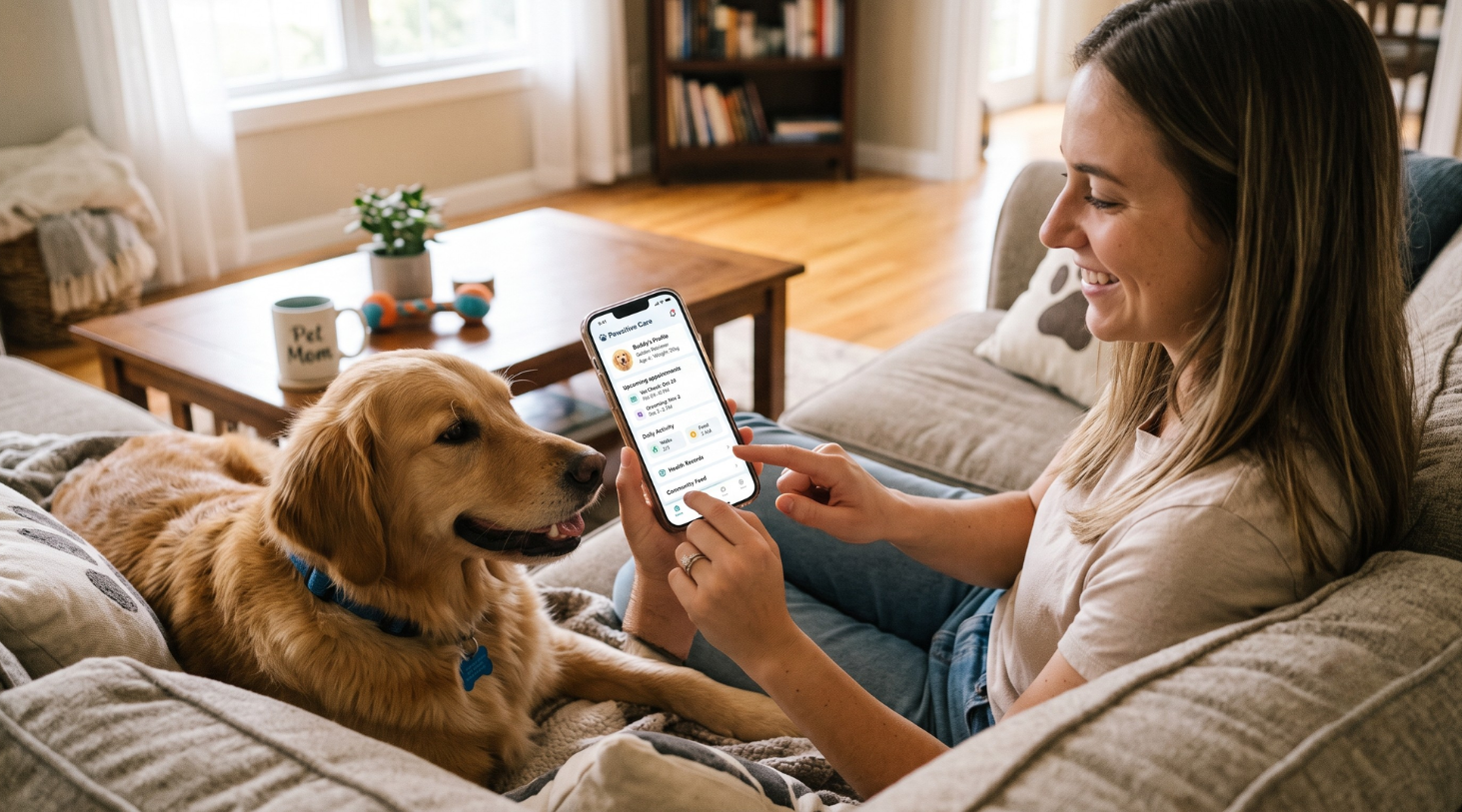 woman use pet care app for checking her dog's information